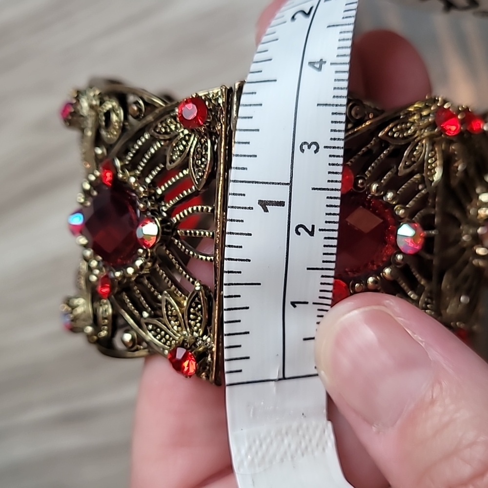 Victorian Revival Gold Tone Cuff Bracelet | Red Rhinestone Statement | Filigree - Picture 6 of 7